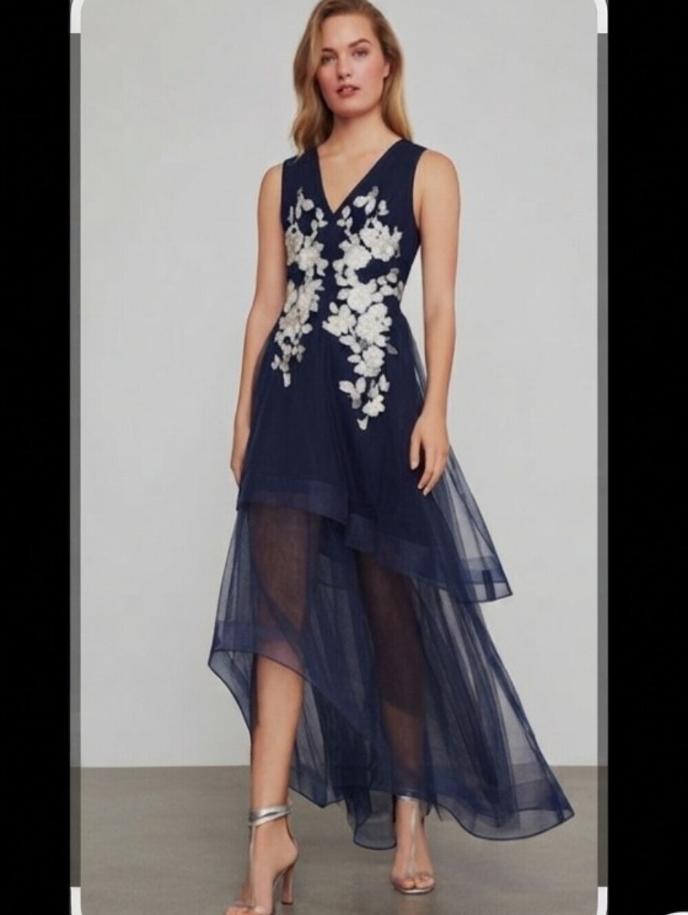 BCBGMaxAzria Appliqué Asymmetrical Gown Dress Size 0 Navy Floral Embroidery